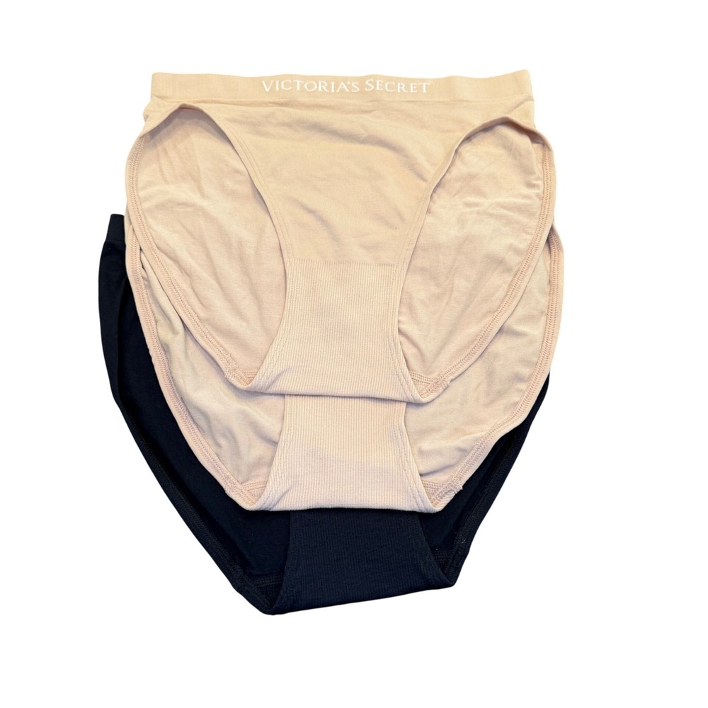 Victoria's Secret High-Leg Brief Panties XS 3 Pack Black Beige Seamless Logo